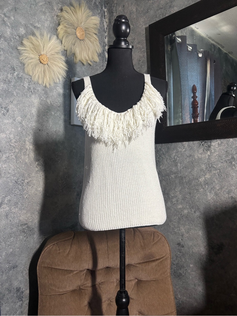 Women's Cream Fringe Knit Tank